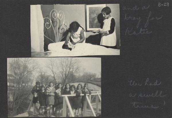 Page from a scrapbook kept by Neighborhood House, with two T.T. Club images, one of two girls tending to another girl who is in bed ("and a tray for Katie"), and the other of a group of girls wearing coats and posing on a footbridge in a park ("We had a swell time!").