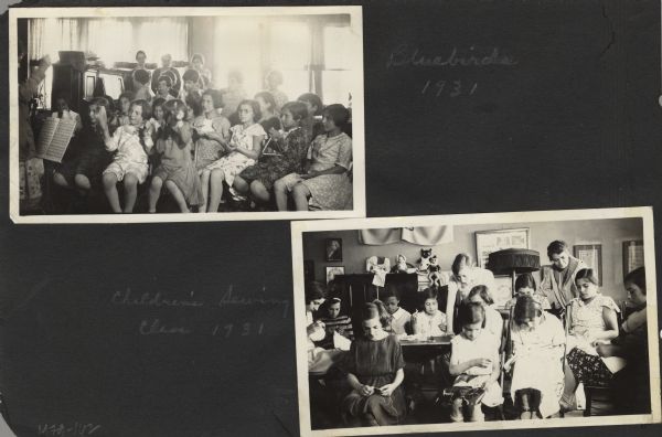 Page from an album kept by Neighborhood House, with two images. The one on top is of the Bluebirds girls' group playing musical instruments as adults lead and play piano accompaniment. The other image is of children hand sewing. The woman standing on the right is probably Gay Braxton, head resident of the settlement house.