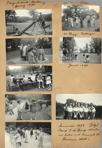 Page from a scrapbook kept by Neighborhood House, with images of a spring outing taken by the Bluebirds? and the Orioles children's groups. Children are playing on slides, having treats, and looking at zoo animals, perhaps in Vilas Park. There are also images of Camp Fire girls at Briggs' Cottage, and starting off on a hike and council fire at Reservoir Hill.