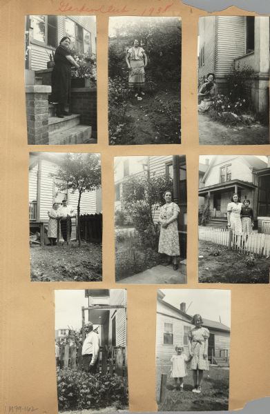 Page from a scrapbook kept by Neighborhood House, with members of the Garden Club posing in their yards or next to their plants. Started in 1931 as part of a neighborhood clean-up campaign, the Garden Club sponsored contests and an annual flower show. 1938 was the first year there was a competition division for Junior Girls.