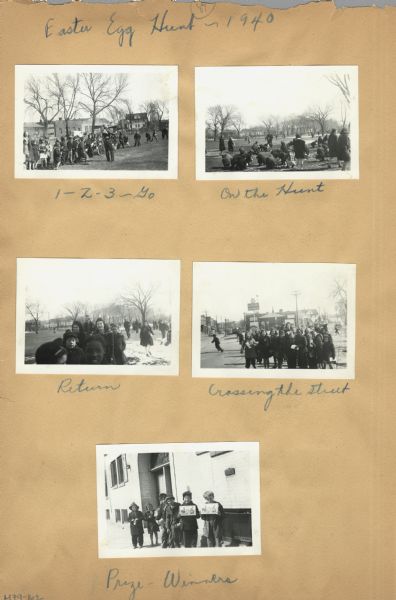 Page from a scrapbook kept by Neighborhood House, with images of children on an Easter egg hunt in Columbus Park and crossing the street on their return, and the seven winners holding their prizes in front of the settlement house.