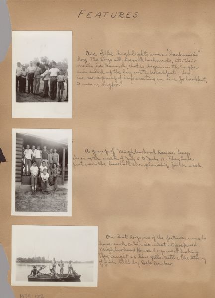 Page from a scrapbook kept by Neighborhood House, with highlights of the boys summer camp at Camp America Williams: "backwards" day, with a line of boys dressed backwards; a group of boys posed outside of a cabin after winning a baseball championship; and boys in a fishing boat with their catch.