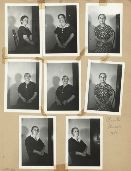 Page from a scrapbook kept by Neighborhood House, with two views each of four women, each posing in a chair, casting a shadow on the wall behind her.