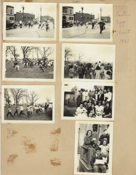 Page from a scrapbook kept by Neighborhood House, with children crossing the street in front of the settlement house, gathering Easter eggs in the park, posing for a group picture, and holding their prizes.