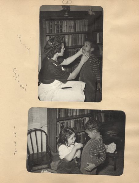 Page from a scrapbook kept by Neighborhood House, with two images from the Play School for 3 and 4 year olds: a boy is opening his mouth for a woman who is kneeling in front of him; and the boy standing by one of his classmates, a girl sitting on the floor.