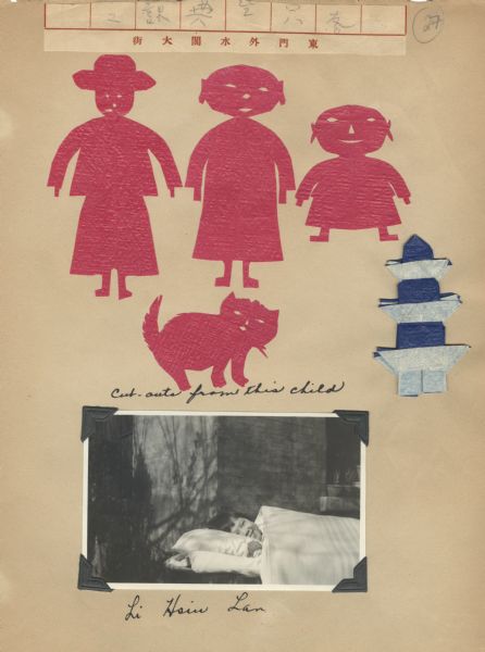 Page from a scrapbook kept by the Orioles, a girls' club at Neighborhood House, with papercuts and an image of Li Hsiu Lan, a girl to whom club members corresponded and sent scrapbooks and parcels as part of a yearlong project on China. She appears to be lying in a bed outdoors next to a building. She is smiling and there is a doll next to her pillow.