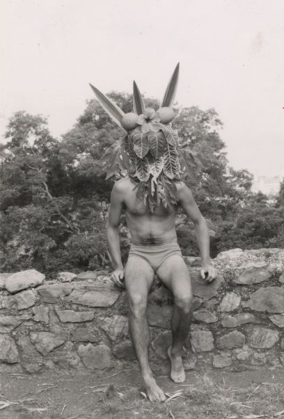 Artist Frank Zetzman, sitting on a stone wall and wearing a head sculpture created from native vegetation for a grant-funded on-site performance piece concerning life and culture in Haiti.