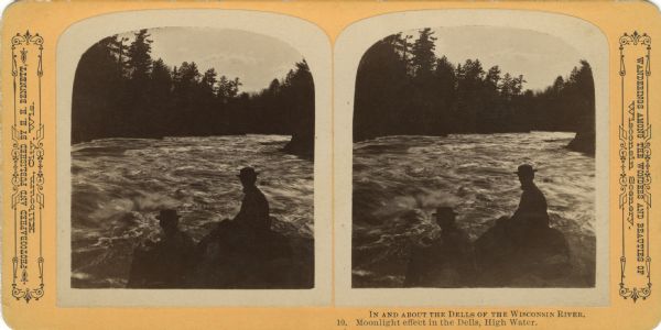Stereograph of two men sitting on rock in foreground, silhouetted against the foaming water. Text at right: "Wanderings Among the Wonders and Beauties of Wisconsin Scenery."