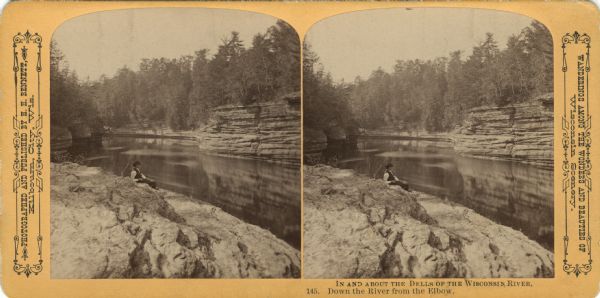 Stereograph of a man sitting at Devil's Elbow. Text at right: "Wanderings Among the Wonders and Beauties of Wisconsin Scenery."