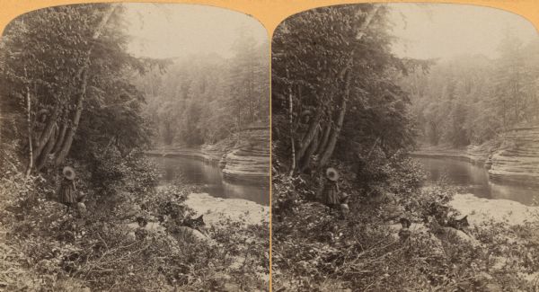 Two Bennett girls and two Crandall girls among the trees and foliage near the shoreline at Devil's Elbow.