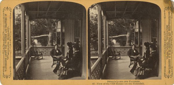 A man and two women are sitting on the porch of the Cliff House. Text at right: "Wanderings Among the Wonders and Beauties of Wisconsin Scenery."