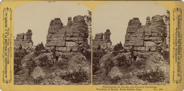 An unidentified bearded man, holding a rifle as a walking stick, and his dog, in front of a rock formation. Text at right: "Wanderings Among the Wonders and Beauties of Wisconsin Scenery."
