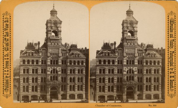 Stereograph elevated view of exterior of the Milwaukee Chamber of Commerce building. The six-story building features a clock-tower. Text at right: "Milwaukee and Vicinity, Photographed by H.H. Bennett."