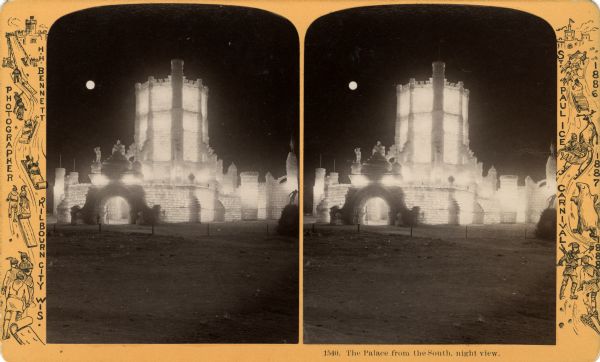 Stereograph of the south entrance of the Saint Paul Winter Carnival palace.