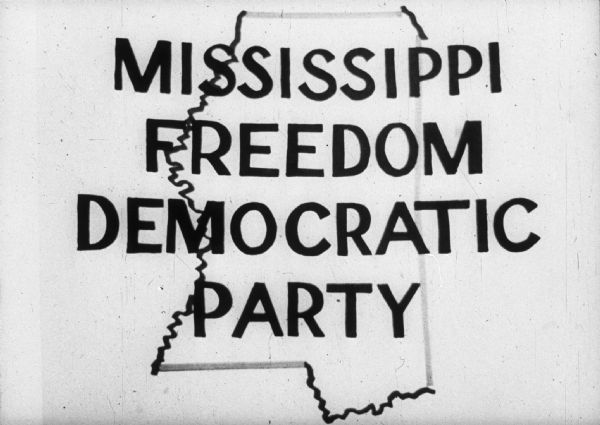 This filmstrip frame shows an outline of the state of Mississippi and the words: "Mississippi Freedom Democratic Party". The Mississippi Freedom Democratic Party (MFDP) was an alternative, integrated political party that sought to be seated in place of the all-white delegation at the 1964 National Democratic Convention.