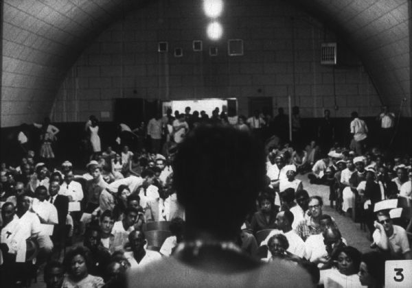 View from behind of Unita Blackwell speaking before an audience at a Mississippi Freedom Democratic Party (MFDP) function.