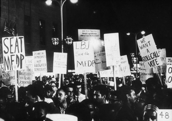 A nighttime rally outside the Atlantic City Convention Hall in support of seating the Mississippi Freedom Democratic Party (MFDP) at the 1964 Democratic National Convention.