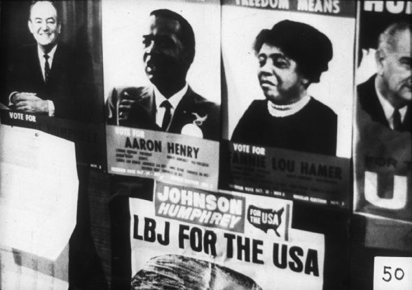 Political posters for Mississippi Freedom Democratic Party (MFDP) candidates Aaron Henry and Fannie Lou Hamer, along with posters for Lyndon B. Johnson and Hubert Humphrey.