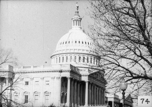 A domed building with columns likely the U.S. Capitol building.  Trees and a lamppost are in the foreground.