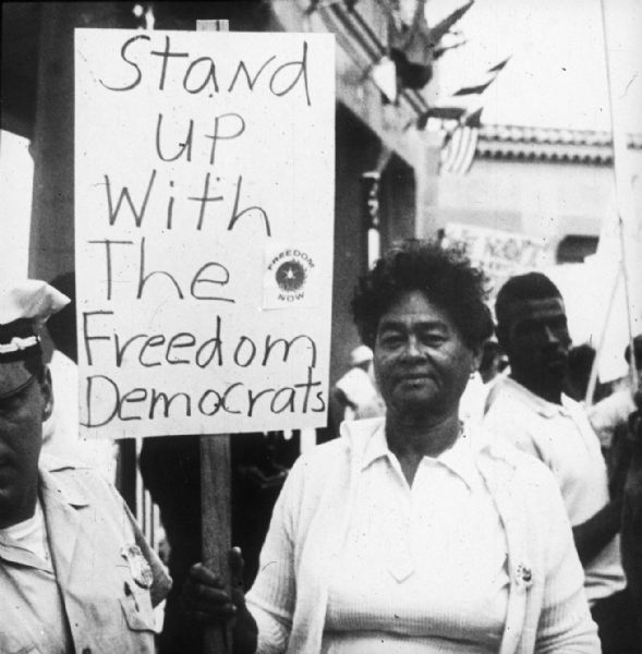 A woman holds a sign that reads "Stand up with the Freedom Democrats." In the left foreground is a police officer, and in the background are more people holding signs in front of a building displaying flags.