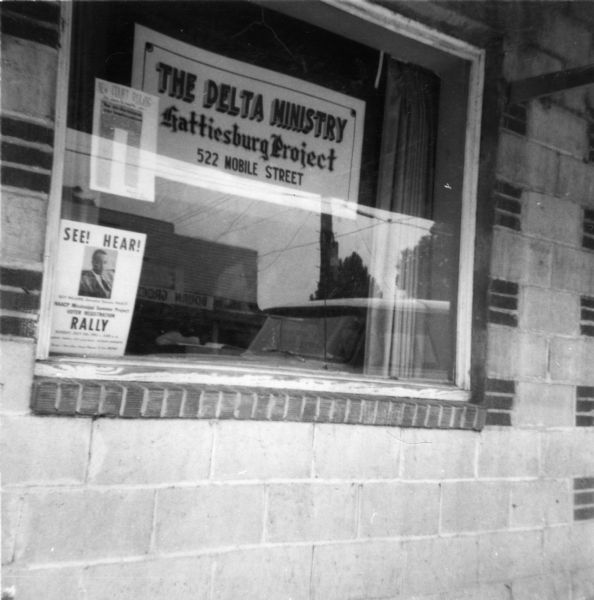 <p>Exterior view of the Delta Ministry Office at 722 Mobile Street taken by a civil rights volunteer. Rev. Robert Beech was the director.<p>"The office was in the heart of one of the negro sections.  One test of sympathy for a white person of prestige or importance was to see if he would come to the office for a visit. The COFO (Council of Federated Organizations) office was across the street, the NAACP (National Association for the Advancement of Colored People) next door, and the FDP (Freedom Democratic Party) around the corner from the D.M. (Delta Ministry). To the back of the office, provisions were made for sleeping 14 D.M. (Delta Ministry) workers on occasion other Freedom Movement workers."<p>"Bob, a Presbyterian minister, is not allowed to join the white Presbyterian church in Hattiesburg.  His children were denied continued enrollment in the church nursery school after their father's actions became known."