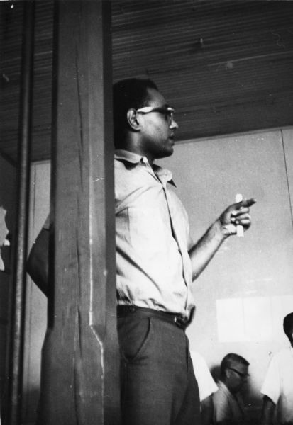 Bob (Robert) Moses speaking at the Freedom School Convention during Freedom Summer.