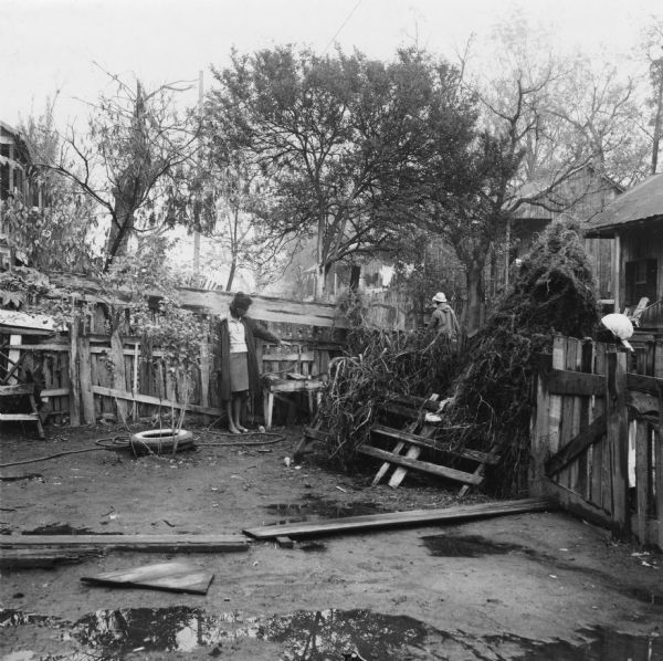 "B. Shelly indicates hydrants which is sole supply of water to two households, nine persons ages 84, 76, 63, 41, 26, 12, 11, 5, 3. Boards are necessary to cross mud yard." To the right, a woman looks over the fence into the yard.<p>Beekman Quarters housed 81 people in 23 buildings. None of the houses in the neighborhood had running water or gas/electric heating; the neighborhood had 15 outdoor toilets and 11 outdoor water hydrants.