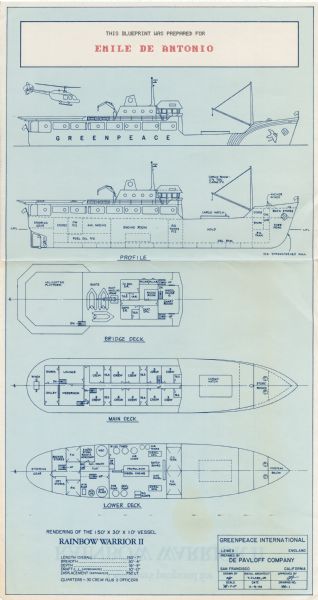 A blueprint prepared for Emile de Antonio by the de Pavloff Company in San Francisco. The blueprint is a rendering of "Rainbow Warrior II," a proposed naval vessel for Greenpeace International. The blueprint depicts aerial and profile views of the vessel, as well as a helicopter.