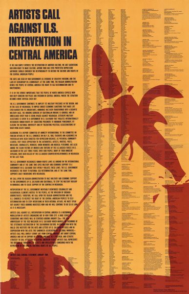 Includes artist's statement and names (including Emile de Antonio) and calendar of events. Poster design: Claes Oldenburg. Funds for poster from artists and North Star Foundation. Production: Sara Seagull & the Poster Committee of Artists Call. January 1984.