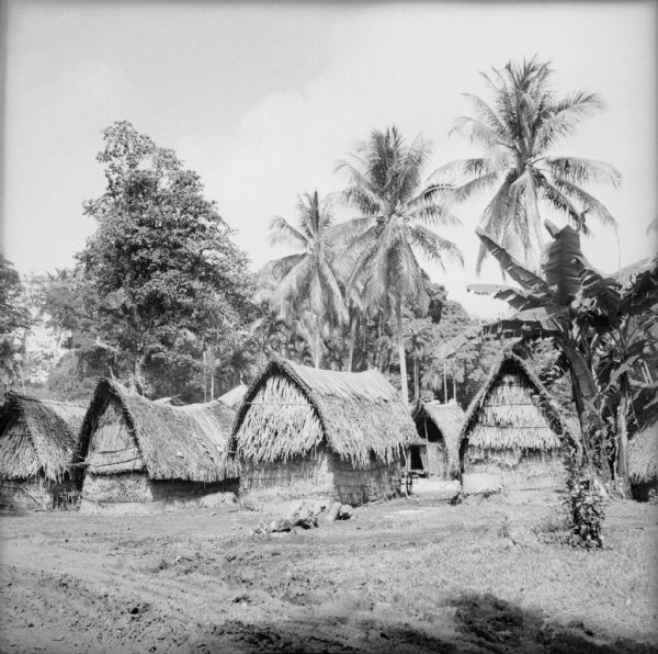 View of the backyards of several dwellings in an indigenous village on Kiriwina Island in the Solomon Sea, New Guinea (present day Papua New Guinea).