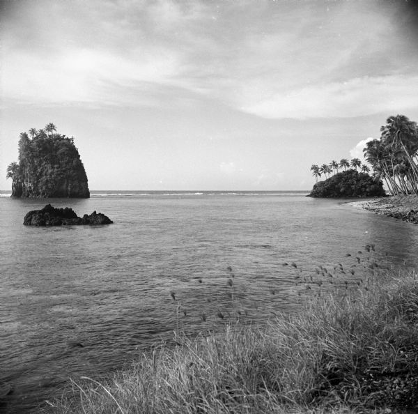 Robert Doyle notes, "Strange island near Pago Pago." He was on Tutuila Island, in American Samoa, in the South Pacific. Palm trees are growing on the shore and on the islands.