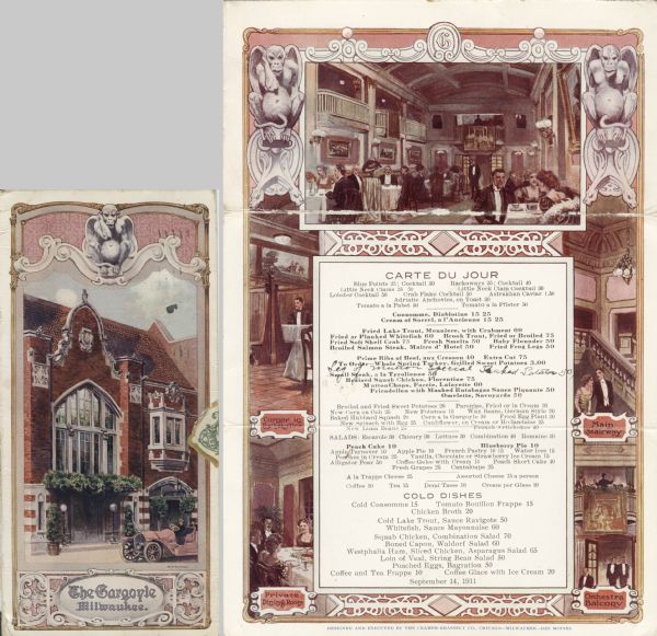 Middle front outer panel and tri-fold menu from The Gargoyle, with a gargoyle sitting atop the framed illustration of the entryway of the restaurant and a man at the wheel of a car parked in front. The menu inside features a framed view of the dining room flanked by two gargoyles, as well as illustrations of the Corner in the Rathskeller, the Private Dining Room, the Main Stairway, and the Orchestra Balcony. Printed in color.