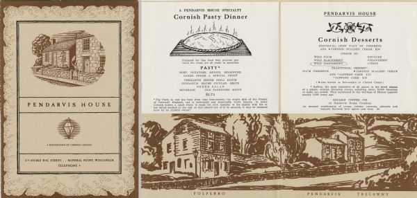 Menu of Cornish pasties and desserts offered by Pendarvis House, a group of restored stone houses built by Cornish settlers in Mineral Point. The cover of the menu has an illustration of a woman waving a cloth as she stands in the gateway of the stone house known as Trelawny, with a view of Pendarvis, the stone house next door. A small illustration of a streetlamp appears beneath the main image on the cover. The inside of the menu has an illustration of Trelawny and Pendarvis, as well as a third house, Polperro, along the same road. The insert for the Cornish pasty side of the menu features an illustration of a steaming-hot pasty.