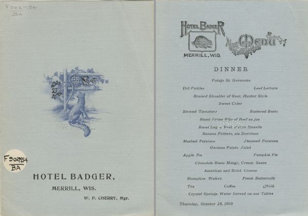 Front cover and menu listing from the Hotel Badger, with an etching of a fox sitting on the ground looking up at a bunch of grapes hanging on a vine over a wooden fence. The inside of the menu has a small illustration of a badger set into the name and location of the hotel.