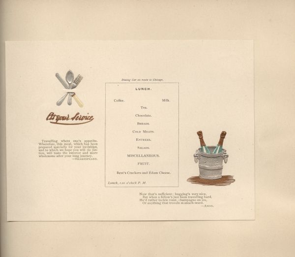 Lunch menu from the souvenir booklet of the Complimentary Excursion to General Passenger & Ticket Agents, with an embossed knife, fork, and spoon crossed over each other in the upper left-hand corner, with the legend "At Your Service" underneath, and an embossed ice bucket holding two bottles of champagne in the lower right-hand corner. The excursion was sponsored by the National Association of General Passenger and Ticket Agents for members traveling via rail from Chicago, Illinois, to the association's semi-annual meeting in St. Paul, Minnesota.