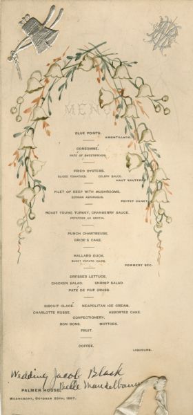 Menu card for the wedding dinner of Jacob Black and Belle Mandelbaum at the Palmer House, with blind embossed type for "Menu," an embossed silver bell and ribbons in one upper corner and embossed silver intertwined initial letters "B" and "M" in the other. Hand-drawn sprays of lilies-of-the-valley accented with red and dark blue ink cascade across the top and down the sides of the menu. The card has beveled edges and is tied with an ivory ribbon in the lower right-hand corner.