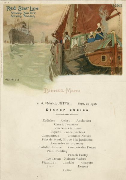 Farewell dinner menu from the S.S. <i>Marquette</i>, with a man, a woman, and a child in Dutch clothing on a boat, facing away to look at an approaching ship. The image is signed "Heussiers" in the lower left-hand corner. The illustration at the top of the menu was meant to be detached and used as a postcard. The menu below is in English and French.