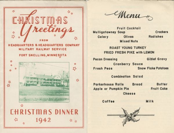 Front cover and menu from the Christmas program at the headquarters of the Military Railway Service at Fort Snelling, with a three-quarter view of the building, and "Christmas Greetings" decorated with stars.