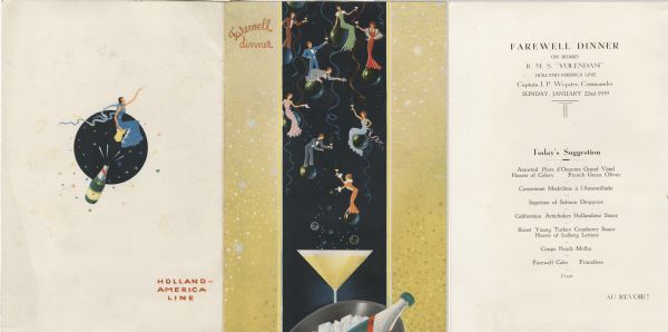Exterior and page from the interior of the menu for the farewell dinner aboard the R.M.S. <i>Volendam</i>, with party streamers and dinner guests in formal dress holding up drink glasses and posing on bubbles floating up from a glass of champagne and a bottle resting in an ice bucket on the front cover, and an open champagne bottle and a seated woman in an evening gown waving a handkerchief against a circular backdrop with stars on the back cover.
