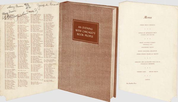 Back and front covers and inside menu listing, of a die cut three-quarter view of a cloth-bound book with an inset title plate, and a guest list with a few autographs and a drawing by Avery Craven at the top of the back cover. Other signatures include Mary Irwin and Joseph A. Brandt.