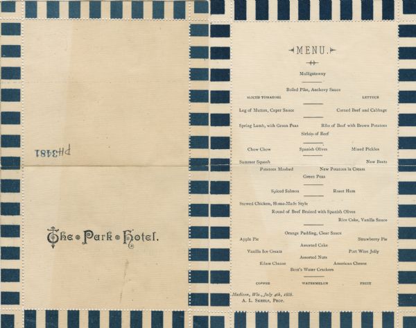 Exterior and interior of a menu from the Park Hotel with a deep blue striped border and perforated accent edging.
