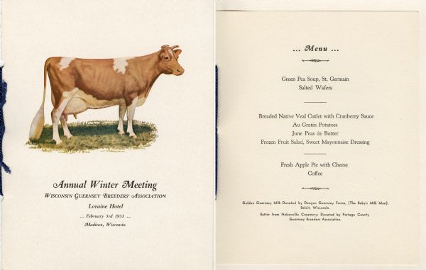 Front cover and menu listing from the Annual Winter Meeting of the Wisconsin Guernsey Breeders' Association at the Loraine Hotel. On the cover is a profile view of a Guernsey cow, head turned slightly right, standing on a patch of grass.