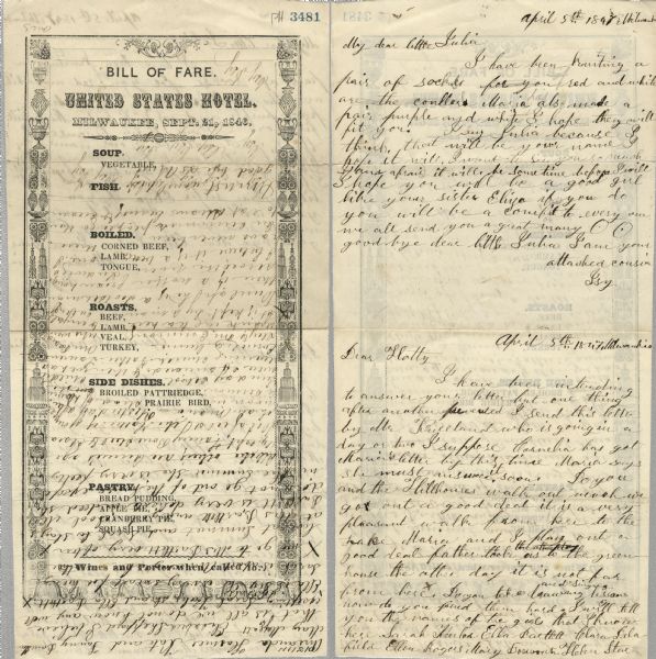 Bill of fare for the United States Hotel, with decorative border ornaments running along the sides, top, and bottom of the menu, and general printed categories of soup, fish, meats (boiled and roasted), as well as side dishes and pastries. The printed menu has been used as stationery from "Isy" to her cousin Julia and friend? Hatty, in handwritten letters begun on the reverse side of the printed bill of fare.