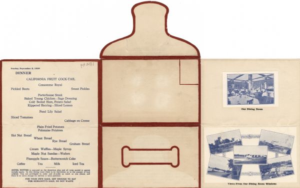 Dinner menu for the Hotel Witter, with menu listing, flap, front, and back of self-folding mailer, and tipped-in photographic views of the dining room and dining room window views on the reverse side of the bill of fare. Printed in blue ink with red borders on cream colored stock.