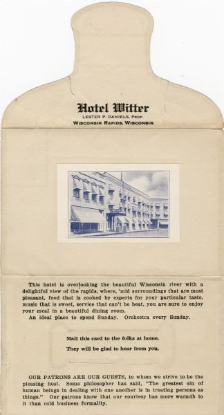 Left interior panel of the Hotel Witter dinner menu, with a tipped-in photographic three-quarter view of the exterior of the hotel, printed in blue ink.