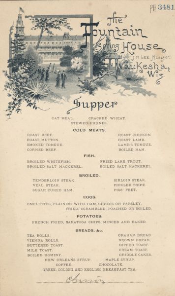 One-page menu from the Fountain Spring House, with a view of lush foliage and visitors strolling in the park adjacent to the hotel framed against a scene of two people standing in a gazebo.