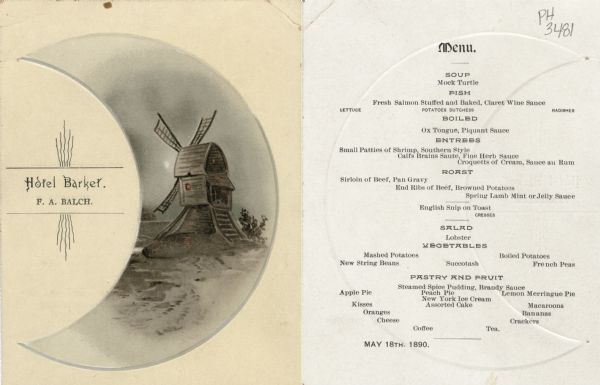 Front and back sides of the Hotel Barker menu, with a painting of a windmill in an embossed crescent moon shape. Printed in brown ink with reddish highlights on cream card stock.
