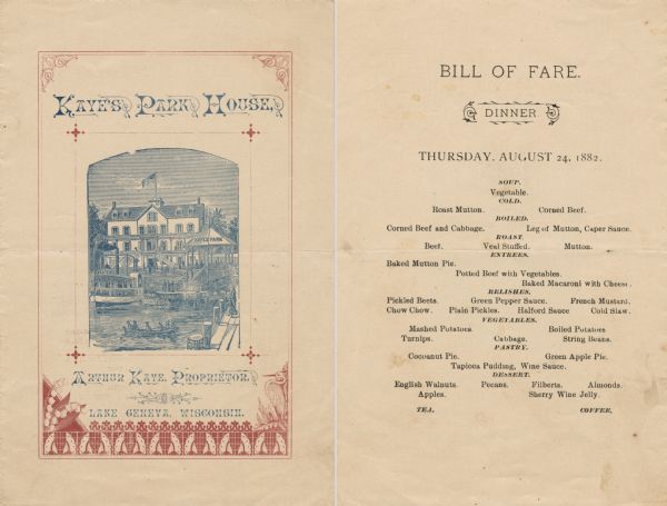 Front cover and menu page from Kaye's Park House, with a lakeside view of the hotel, a paddlewheel steamboat, people in rowboats or standing by a Kaye's Park pavilion, on the dock, or by the hotel. Printed in blue ink; printer's ornaments and a decorative border at the bottom of the page with lilies of the valley and an egret are printed in red ink.