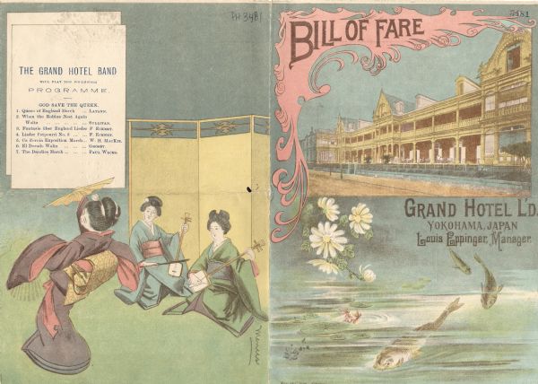 Front and back covers, printed in color, of the bill of fare served at the Grand Hotel on the birthday of Queen Victoria, with a tinted three-quarter view of the hotel accented on one corner with a scrolling flourish, painted scenes of flowering branches overhanging fishes swimming in a pond, and a woman dancing with a fan as two other women play samisen. The women are all in kimonos, and there is a folding screen in the background. The musical programme is also printed in the upper left-hand corner.