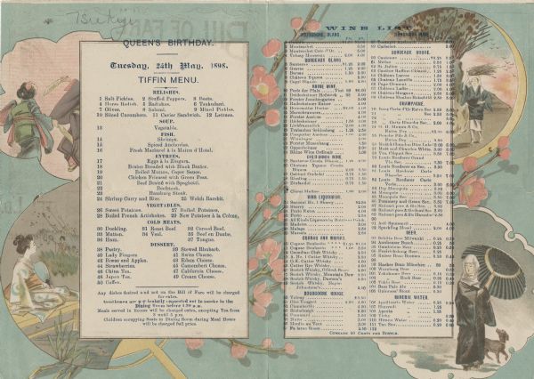 Interior of the bill of fare served at the Grand Hotel on the birthday of Queen Victoria, with four scenes, perhaps representing the seasons, amidst flowering branches: two people with paddles, perhaps swatting at insects; a woman with a fan resting on a bench outdoors with other people in the background; a person holding kindling on her head; and a woman dressed for winter holding an umbrella and walking with a dog at her side. The women are wearing Japanese clothing.